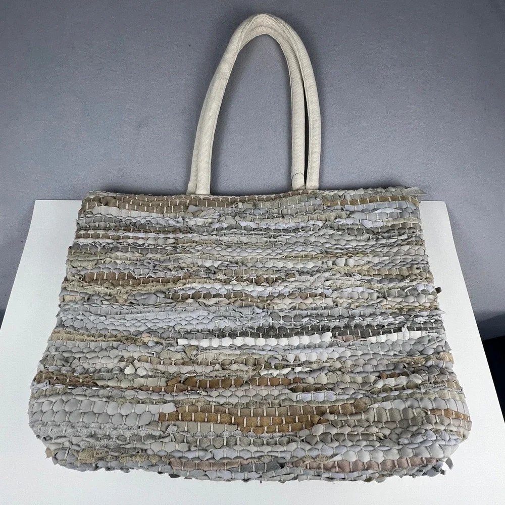 Handcrafted Upcycled Woven Tote Bag Large Neutral Boho Eco-Friendly Beach Travel